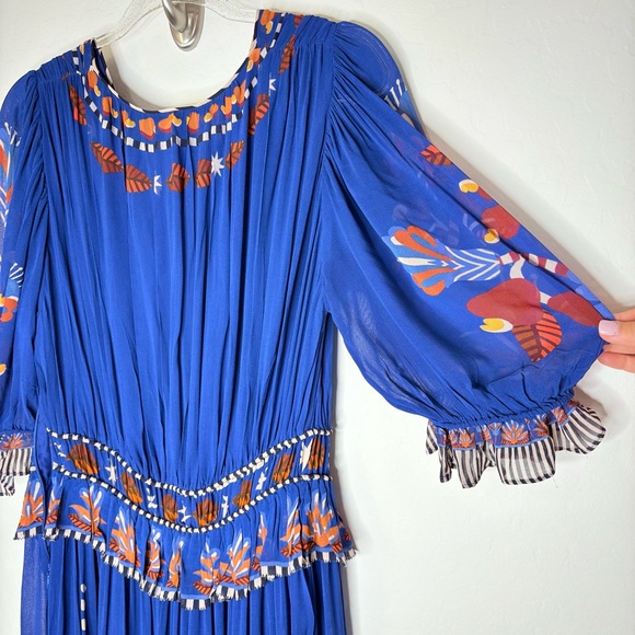 Farm Rio Nature Beauty Maxi Dress Blue Boho Print Short Sleeve Size Large NWT - Picture 10 of 12